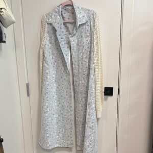 POL Light Blue Tweed Trench Coat with Cream Knit Sleeves